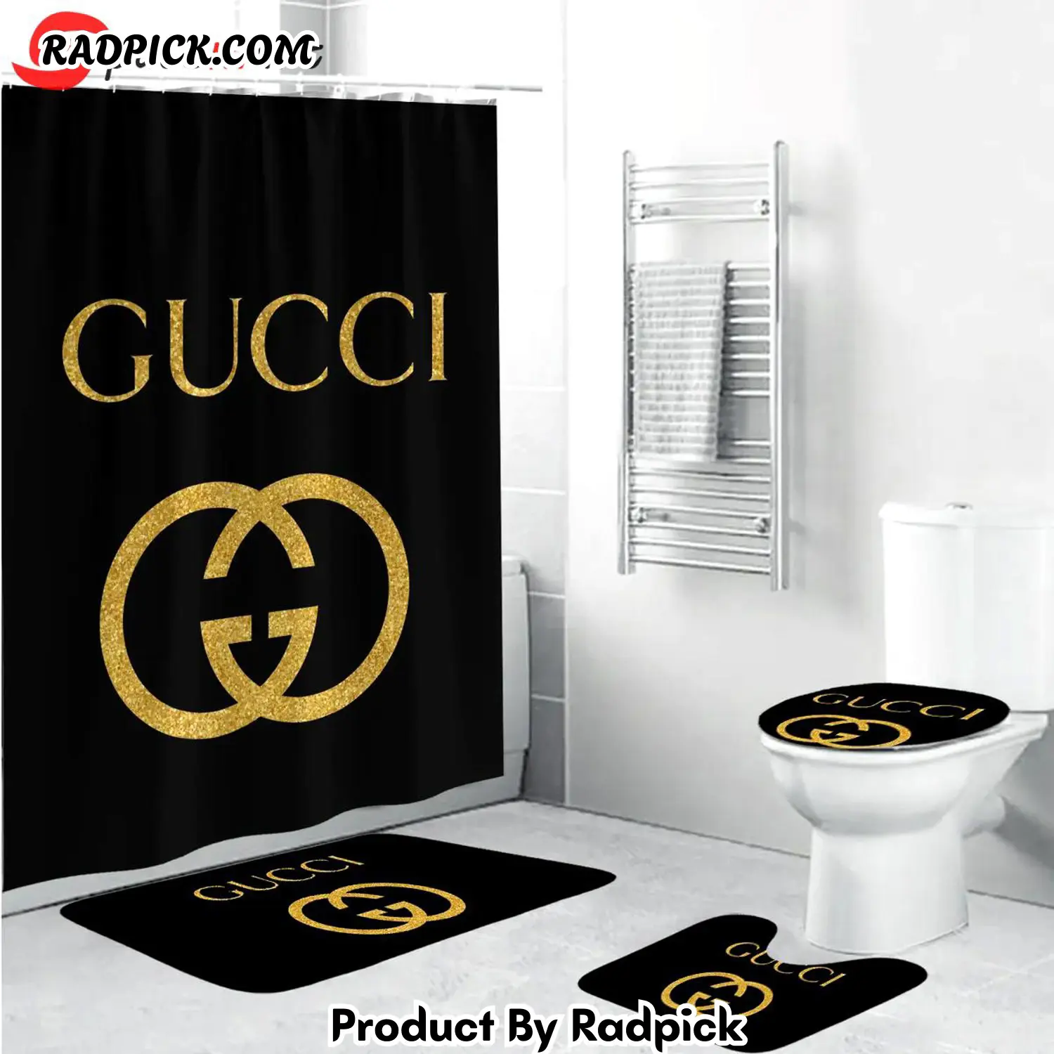 Gucci black golden logo fashion luxury brand premium bathroom set shower curtain home decor 6 bathroom accessory sets rp387776
